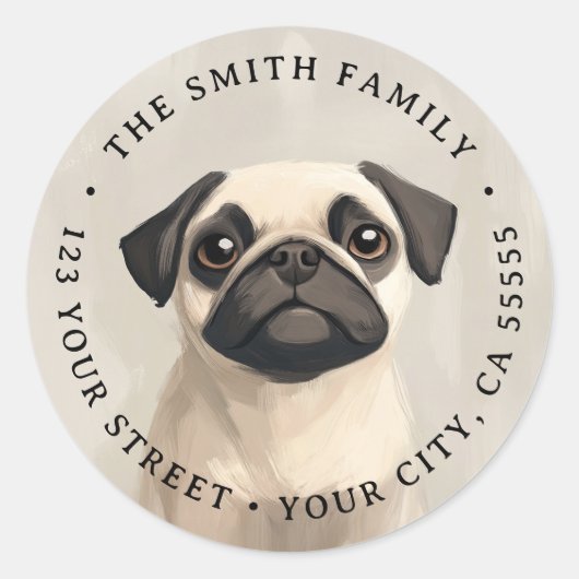 Schattige teruggaveadres van Pug Illustration Ronde Sticker (Voorkant)