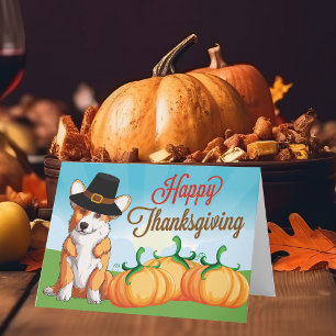 Schattige Thanksgiving Corgi in Pilgrim Hoed Kaart