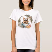 Schattige theekop Yorkie in gouden lijst en rozen T-shirt (Voorkant)