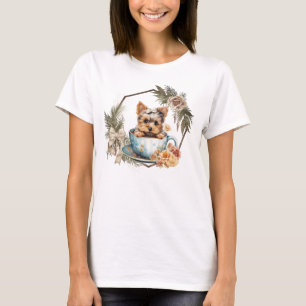 Schattige theekop Yorkie in gouden lijst en rozen T-shirt