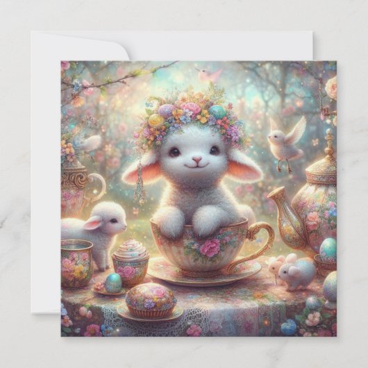 Schattige theekopje lamspastel bloemenpaasje Water Feestdagenkaart (Voorkant)
