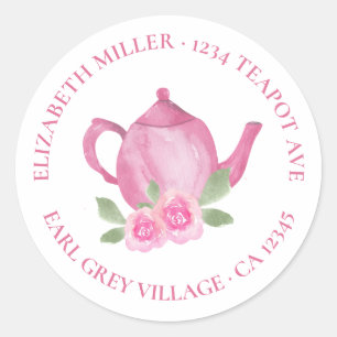 Schattige theepot roze Waterverf retouradres Ronde Sticker