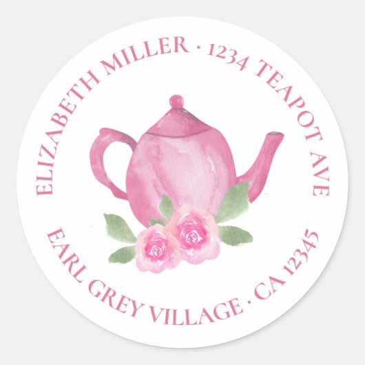 Schattige theepot roze Waterverf retouradres Ronde Sticker (Voorkant)