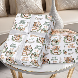 Schattige Tiger Cub Wild One Boy 1e Verjaardagsnaa Cadeaupapier