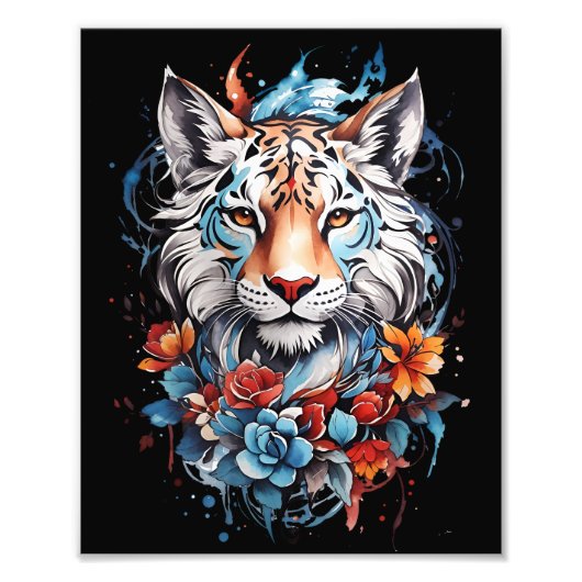 Schattige Tiger Poster | Artistieke Bloemtijger (Voorkant)