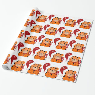 Schattige Tijger in een Kerstman Hoed Cadeaupapier