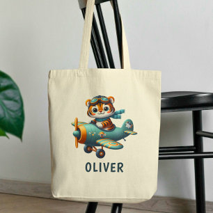 Schattige Tijger Kind Vliegen Een Vliegtuig Gepers Tote Bag
