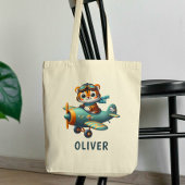 Schattige Tijger Kind Vliegen Een Vliegtuig Gepers Tote Bag