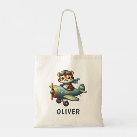 Schattige Tijger Kind Vliegen Een Vliegtuig Gepers Tote Bag (Achterkant)