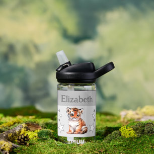 Schattige tijger met naam en sterren kids grijs waterfles