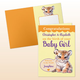 Schattige tijger voeg namen toe oranje paarse baby kaart