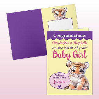 Schattige tijger voeg namen toe roze paarse baby m kaart