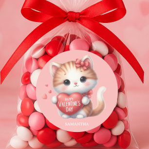 Schattige Tijgerkat Rode Hart Gelukkige Valentijns Ronde Sticker