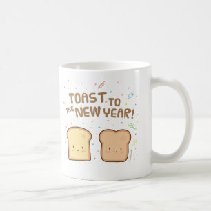 Schattige toast naar het nieuwe jaar woordgrap hum koffiemok