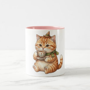 Schattige Tovenaar Kat Drinkt Thee Vintage Waterve Tweekleurige Koffiemok