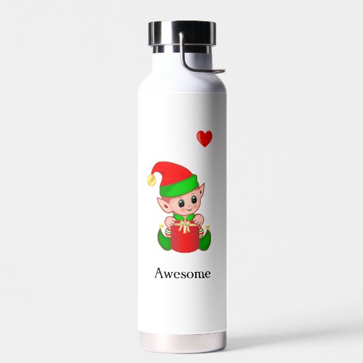 Schattige toverelf met cadeau op witte waterfles (Links)