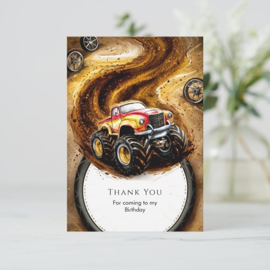 Schattige Track Monster Truck Verjaardag Bedankkaart (Staand voorkant)