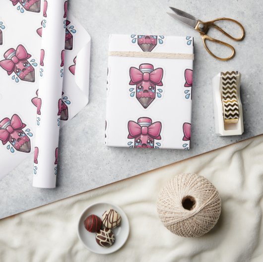 Schattige Traurige Potlood met Roze Strik Uitknip Cadeaupapier (Crafts)