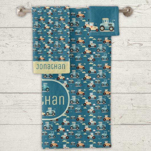 Schattige trekkerpatroon blauw naamvoertuig bad handdoek
