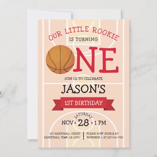 Schattige Trendy Basketbalveld & Lint 1e Verjaarda Kaart (Voorkant)