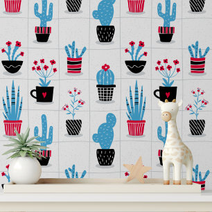 Schattige trendy modern cactus rood blauw bloempat behang