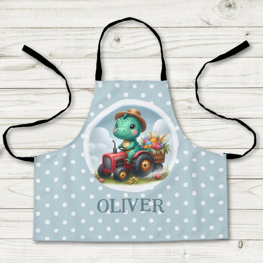 Schattige Trex Dinosaur Bestuurt een Rode Tractor Schort
