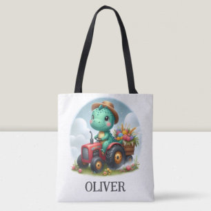 Schattige Trex Dinosaur Bestuurt een Rode Tractor Tote Bag