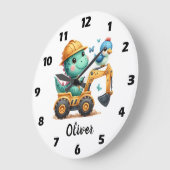 Schattige Trex Dinosaurus Rijdt in een Bouwmachine Grote Klok (Hoek)