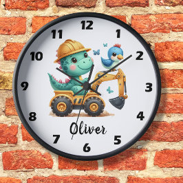 Schattige Trex Dinosaurus Rijdt in een Bouwmachine Grote Klok