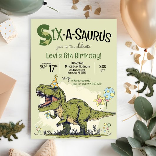 Schattige TRex Dinosaurus Zes-A-Saurus 6e Verjaard Kaart
