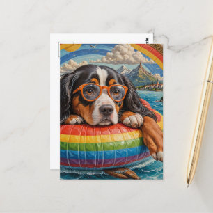 Schattige Tri Color Dog geniet van Drijven in een  Briefkaart