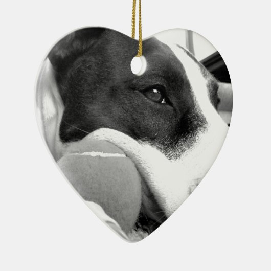 schattige trieste roofhond zwart wit met bal keramisch ornament (Rechts)