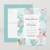 Schattige Tropisch Flamingo & Ananas Baby shower Uitnodiging Briefkaart (Voorkant / Achterkant)