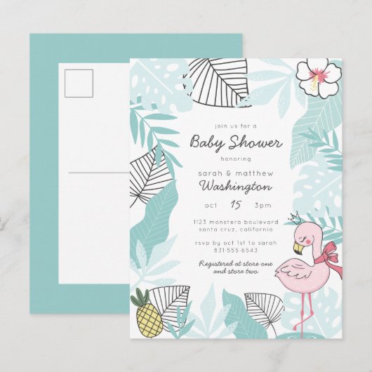 Schattige Tropisch Flamingo & Ananas Baby shower Uitnodiging Briefkaart (Voorkant / Achterkant)