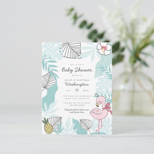 Schattige Tropisch Flamingo & Ananas Baby shower Uitnodiging Briefkaart (Staand voorkant)