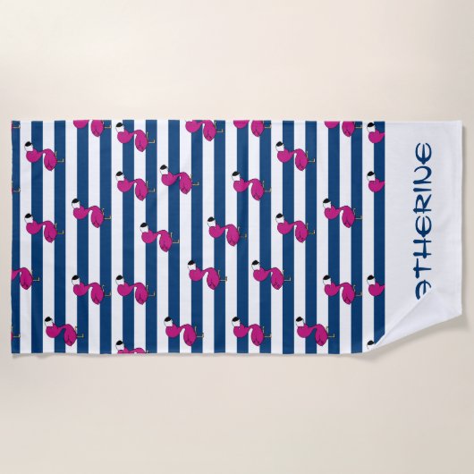 schattige tropische roze baby flamingo blauw gestr strandlaken (Voorkant)