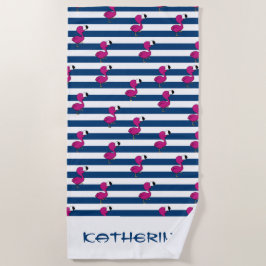 schattige tropische roze baby flamingo blauw gestr strandlaken