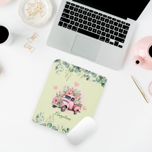 Schattige  Truck Roze Bloemen Groen Bladerdek Muismat