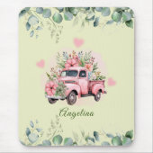 Schattige  Truck Roze Bloemen Groen Bladerdek Muismat (Voorkant)