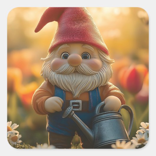 Schattige tuinkabouter met gieter vierkante sticker (Voorkant)