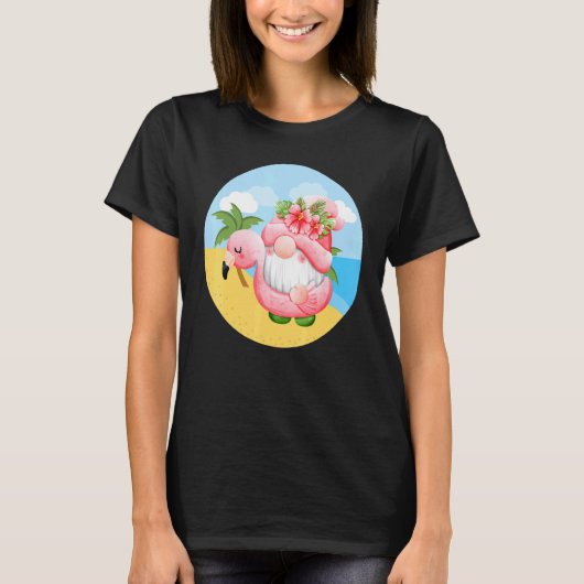 Schattige Tuinkabouter Op Het Strand Flamingo Dame T-shirt (Voorkant)