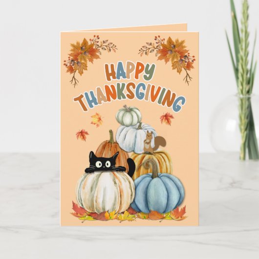 Schattige Turkije en Retro Pompoenen Happy Thanksg Kaart (Voorkant)