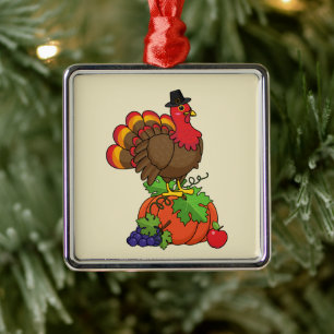 Schattige Turkije met Oogst Thanksgiving Metalen Ornament