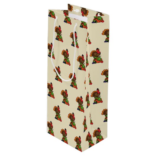 Schattige Turkije met Oogst Thanksgiving Wijn Cadeautas (Voorkant Gekanteld)