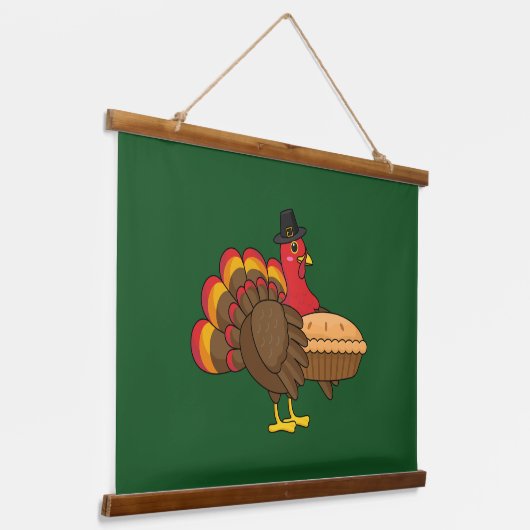 Schattige Turkije met Pumpkin Pie Thanksgiving Hangend Wandkleed (Gebogen)