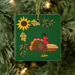 Schattige Turkije met Pumpkin Pie Thanksgiving Keramisch Ornament