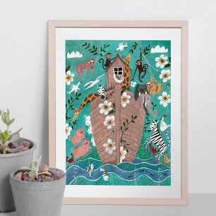 Schattige turquoise blauwe kinder ark van Noach ki Poster