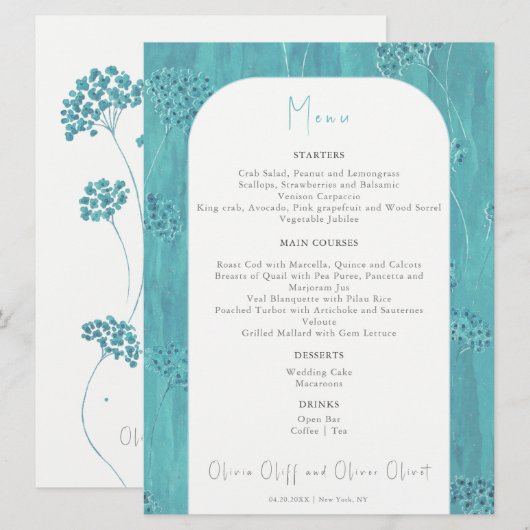 Schattige Turquoise Bloemen Bruiloft Menu (Voorkant / Achterkant)