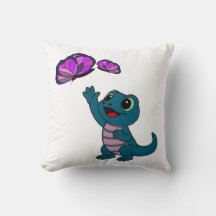 Schattige turquoise cartoonhagedis die naar vlinde