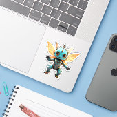 Schattige Turquoise Dansende Robot Pixie Sticker (Laptop met iPhone)